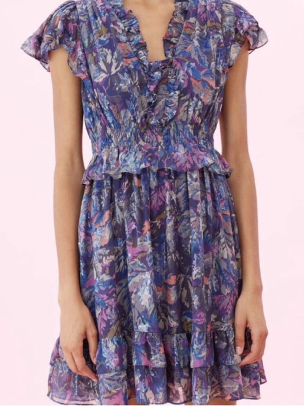REBECCA‎ TAYLOR Giverney Fleur Metallic Ruffle Mini Dress Coquette Silk Party S